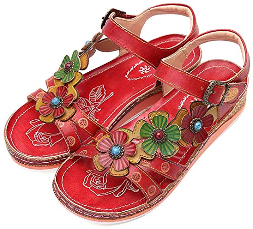 Camfosy Sandalias de Cuero Planas,Mujeres Zapatos de tacón Plano para Caminar en el Verano Suela cómoda Sandalias Ajustables para piernas Anchas