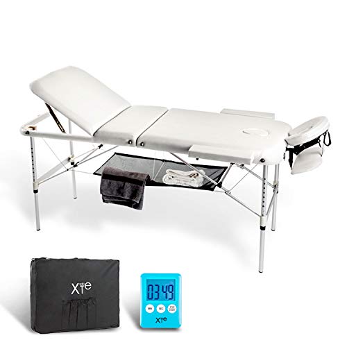 Camilla de masaje, 3 zonas, de aluminio, portátil y reclinable, con temporizador y toallero incluidos, color blanco