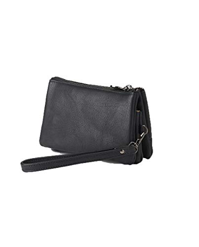 CAMINATTA Bolso De Mano Mujer Pouch Monedero 3 Compartimentos Cierre Cremallera Sintético 10X17X4 (Negro)