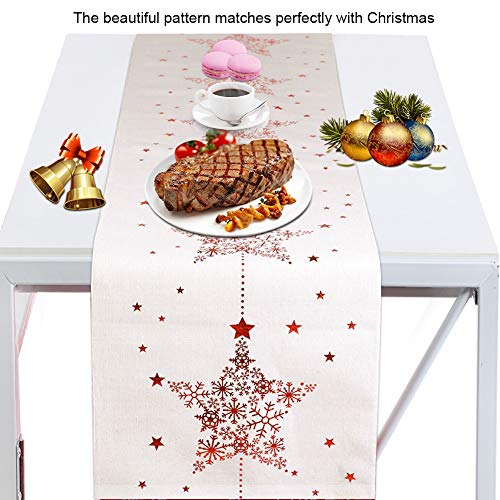 Camino de Mesa Navidad 106 x 11in para la Cena de Navidad, Bueno para la Mesa de Restaurante/Hogar, Decoración Navideña- Rojo/Blanco(Copo de Nieve Estrella de Cinco Puntas)