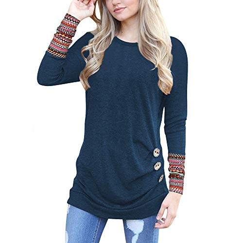 Camisas de Mujer,Dragon868 Botón de Manga Larga de Las Mujeres Suelta Remiendo túnica Camisas(Armada,M)
