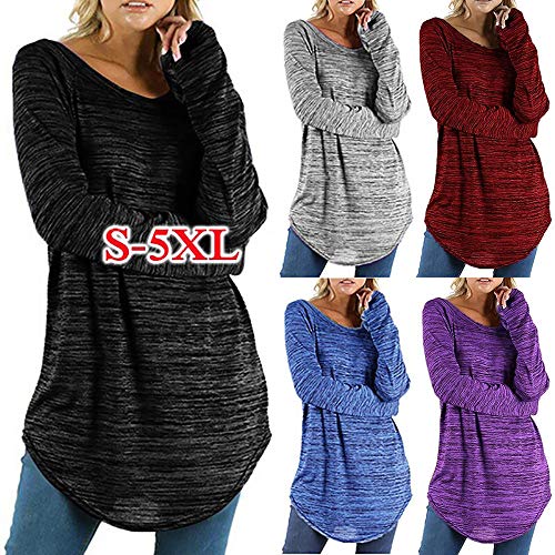 Camisas Mujer,Camisetas Mujer Casual Blusa de Manga Larga de Color sólido para Mujer con Cuello Redondo Vestido Blusa Tallas Grandes S -XXXXXL