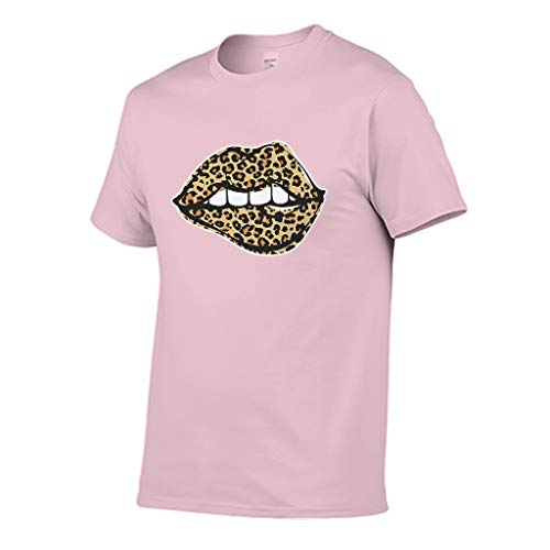 Camiseta de algodón para mujer, cuello en O, manga corta, transpirable, leopardo, labios para mujer, estampados rosa XXXL