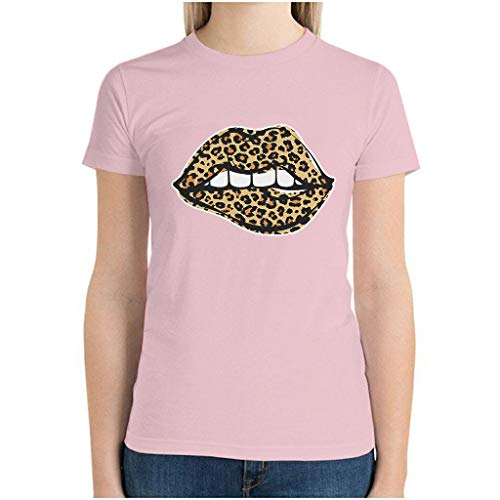 Camiseta de algodón para mujer, cuello en O, manga corta, transpirable, leopardo, labios para mujer, estampados rosa XXXL
