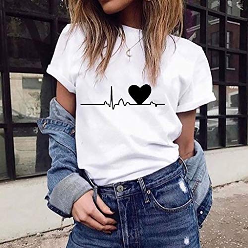 Camiseta de Mujer,Manga Corta Corazón Impresión Blusa Camisa Cuello Redondo Basica Camiseta Suelto Verano Tops Casual Fiesta T-Shirt Original tee vpass