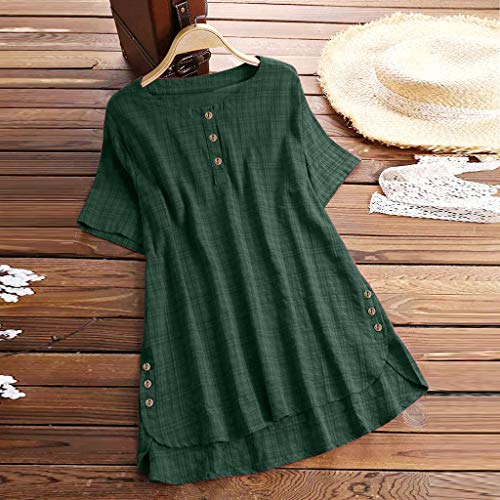 Camisetas Mujer Manga Corta SHOBDW 2019 Nuevo Algodón y Lino Impresión a Cuadros Botón Tops de Túnica Cuello Redondo Basicas Playa de Verano Blusa Tallas Grandes M-5XL(Verde,XL)