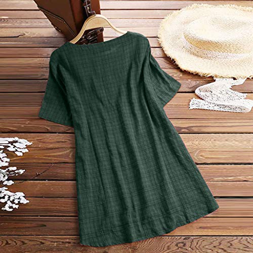Camisetas Mujer Manga Corta SHOBDW 2019 Nuevo Algodón y Lino Impresión a Cuadros Botón Tops de Túnica Cuello Redondo Basicas Playa de Verano Blusa Tallas Grandes M-5XL(Verde,XL)