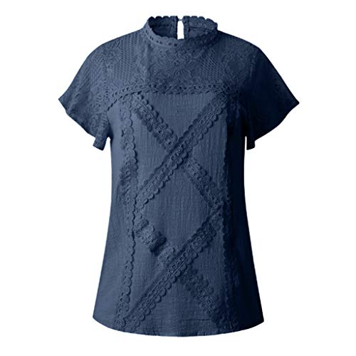 Camisetas Mujer SHOBDW Dia de la Mujer Verano Patchwork De Encaje Casual Ahuecar Volantes Manga Corta Suéter De Cuello De Tortuga Linda Blusa Floral Camiseta Blanca para Mujer (L, Armada)