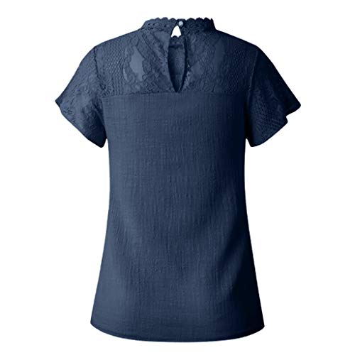 Camisetas Mujer SHOBDW Dia de la Mujer Verano Patchwork De Encaje Casual Ahuecar Volantes Manga Corta Suéter De Cuello De Tortuga Linda Blusa Floral Camiseta Blanca para Mujer (L, Armada)