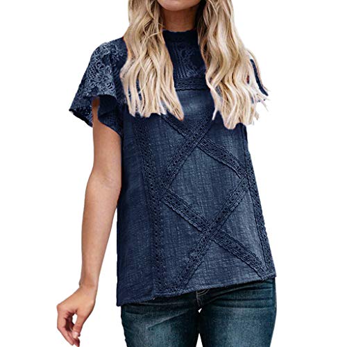 Camisetas Mujer SHOBDW Dia de la Mujer Verano Patchwork De Encaje Casual Ahuecar Volantes Manga Corta Suéter De Cuello De Tortuga Linda Blusa Floral Camiseta Blanca para Mujer (L, Armada)