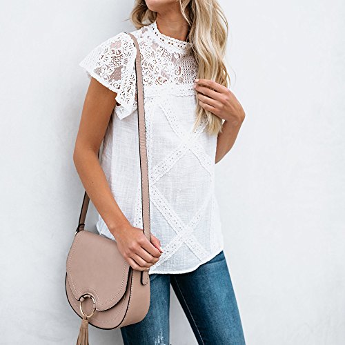 Camisetas Mujer SHOBDW Dia de la Mujer Verano Patchwork De Encaje Casual Ahuecar Volantes Manga Corta Suéter De Cuello De Tortuga Linda Blusa Floral Camiseta Blanca para Mujer (L, Armada)