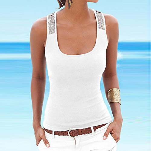Camisetas sin Mangas Mujer,SHOBDW Moda De Verano Más El Tamaño Sin Mangas Sexy Cuello Redondo Lentejuelas Chaleco Tops Señoras Blusa Sólida Casual Camiseta Tank Tops para Mujeres(Blanco,XXL)