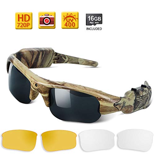 Camuflaje Cámara Oculta Gafas de Sol - Secreto Grabador de Video Espía con Lente UV400, Soporte de Toma de Fotos y Grabación de Voz, Tarjeta de Memoria de 16GB Incorporada