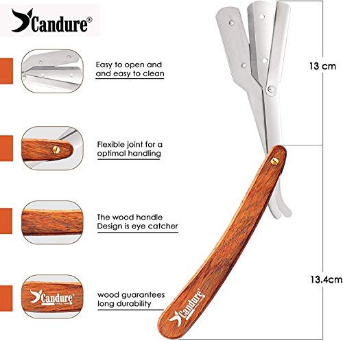 Candure Navaja Afeitar de Barbero - Profesional Acero Inoxidable Maquinilla de Afeitar la Afeitado Barba - Afeitado Manual para Peluquero Hombres y Mujeres con Bolsa de Cuero (Madera)