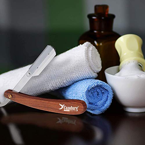 Candure Navaja Afeitar de Barbero - Profesional Acero Inoxidable Maquinilla de Afeitar la Afeitado Barba - Afeitado Manual para Peluquero Hombres y Mujeres con Bolsa de Cuero (Madera)