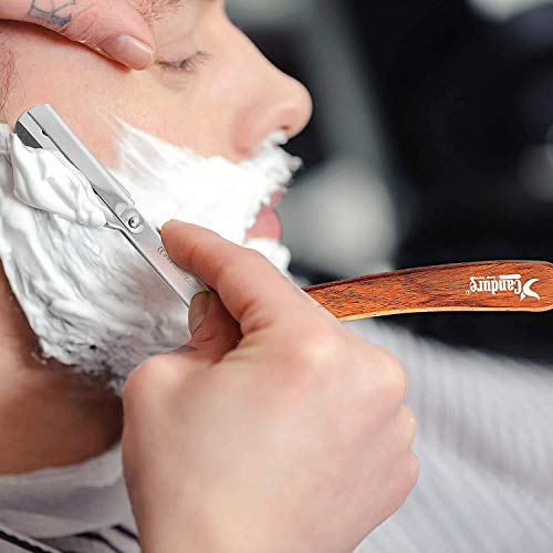 Candure Navaja Afeitar de Barbero - Profesional Acero Inoxidable Maquinilla de Afeitar la Afeitado Barba - Afeitado Manual para Peluquero Hombres y Mujeres con Bolsa de Cuero (Madera)