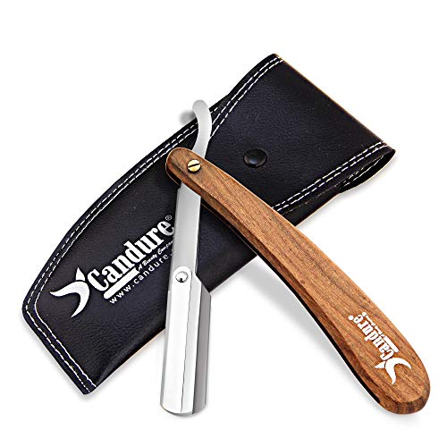 Candure Navaja Afeitar de Barbero - Profesional Acero Inoxidable Maquinilla de Afeitar la Afeitado Barba - Afeitado Manual para Peluquero Hombres y Mujeres con Bolsa de Cuero (Madera)