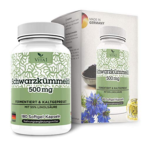 Cápsulas de aceite de Comino Negro 500mg de VITA1 • 180 cápsulas (un mes de suministro) • sin gluten, kosher y halal • Hecho en Alemania