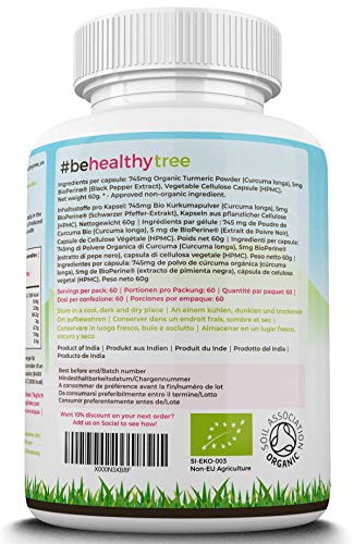 Cápsulas de Cúrcuma Orgánica de TheHealthyTree Company - Vegano, Alta Resistencia con Extracto de Pimienta Negra Piperina - Tabletas de Raíz de Curcumina, 120 x 750 mg por Cápsula