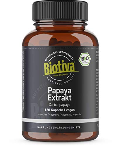 Cápsulas de extracto de papaya orgánica altamente dosificadas - 120 cápsulas - actividad proteolítica - extracto vegetal - embotellado y verificado en Alemania (DE-ÖKO-005)