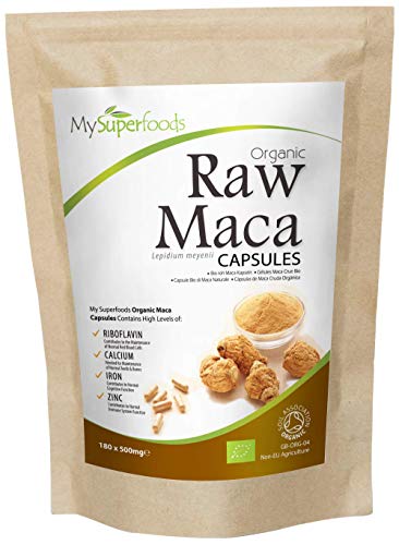 Capsulas De Maca Orgánica (180 x 500mg), MySuperFoods, Repleto de nutrientes saludables, Antiguo alimento para la salud de Perú, Delicioso sabor a maltosa, certificado como producto orgánico