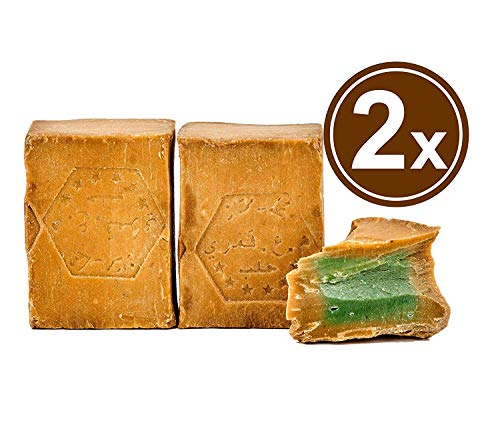 Carenesse Jabon de Alepo original, 2 x 200 g, 55% de aceite de laurel y 45% de aceite de oliva, jabon natural de aceite oliva para el pelo, hecho a mano largo periodo de maduracion