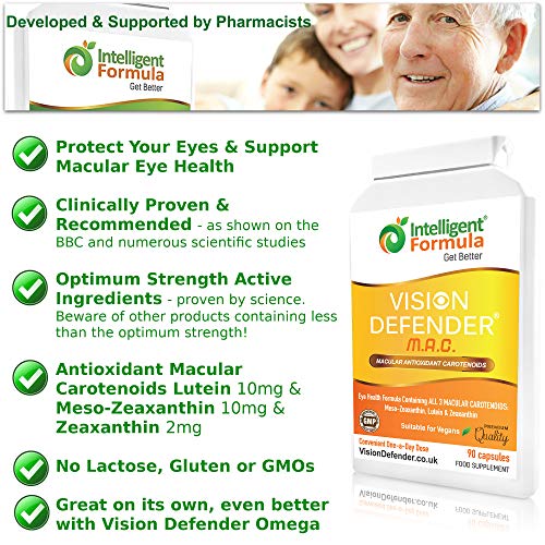 Carotenoides Antioxidantes Maculares VISION DEFENDER MAC - Protege Tus Ojos, Cuida Tu Vista con el Suplemento Vegano de Meso-Zeaxantina, Luteína & Zeaxantina para Ojos (90 cápsulas/Una-Diaria)