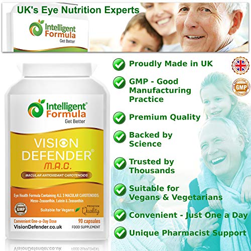 Carotenoides Antioxidantes Maculares VISION DEFENDER MAC - Protege Tus Ojos, Cuida Tu Vista con el Suplemento Vegano de Meso-Zeaxantina, Luteína & Zeaxantina para Ojos (90 cápsulas/Una-Diaria)