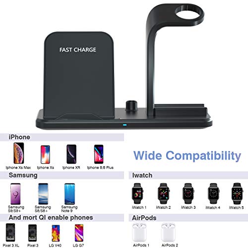 CARPURIDE Cargador Inalámbrico Rápido, [4 in 1] Qi Base de Carga para Apple Watch Series 1/2/3/4/5, AirPods, iPhone 11/11 Pro/11 Pro MAX/XS MAX/XR/X/8 Plus, Inalámbrica Carga para Galaxy S10 S9 S8