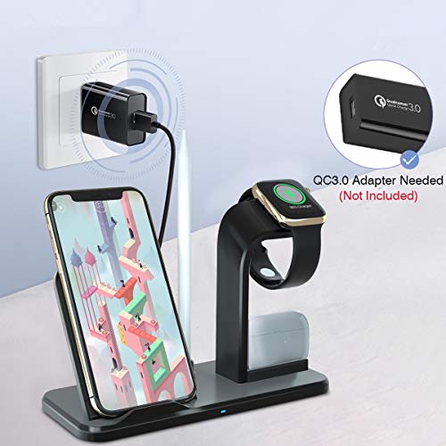 CARPURIDE Cargador Inalámbrico Rápido, [4 in 1] Qi Base de Carga para Apple Watch Series 1/2/3/4/5, AirPods, iPhone 11/11 Pro/11 Pro MAX/XS MAX/XR/X/8 Plus, Inalámbrica Carga para Galaxy S10 S9 S8