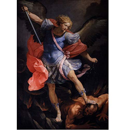 Cartel de Imagen de Arte de Pared, Pintura clásica Guido Reni: El Arcángel Miguel derrotando a Satanás Cartel de Lienzo Pintura Decorativa 50X70 cm sin Marco