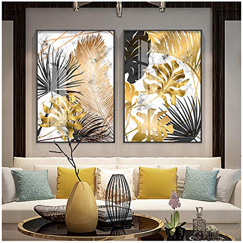 Carteles de pintura de lienzo de hoja dorada de estilo nórdico e impresión moderna decoración cuadros de arte de pared para sala de estar dormitorio comedor-60x80cmx2Pcs-Sin marco