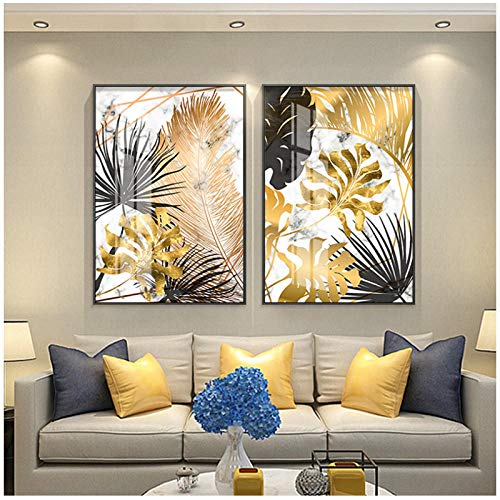 Carteles de pintura de lienzo de hoja dorada de estilo nórdico e impresión moderna decoración cuadros de arte de pared para sala de estar dormitorio comedor-60x80cmx2Pcs-Sin marco