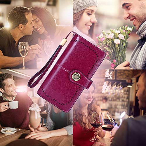 Cartera Cuero Mujer Bloqueo RFID Monedero Piel Mujer Grande con Muchos Bolsillos, Billetera Larga Mujer con Cremallera 26 Ranuras para Tarjetas, Carteras de Piel para Dama XXL (Morado)