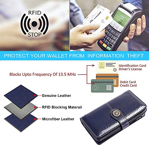 Cartera Cuero Mujer Bloqueo RFID Monedero Piel Mujer Grande con Muchos Bolsillos, Billetera Larga Mujer con Cremallera 26 Ranuras para Tarjetas, Carteras de Piel para Dama XXL (Azul)