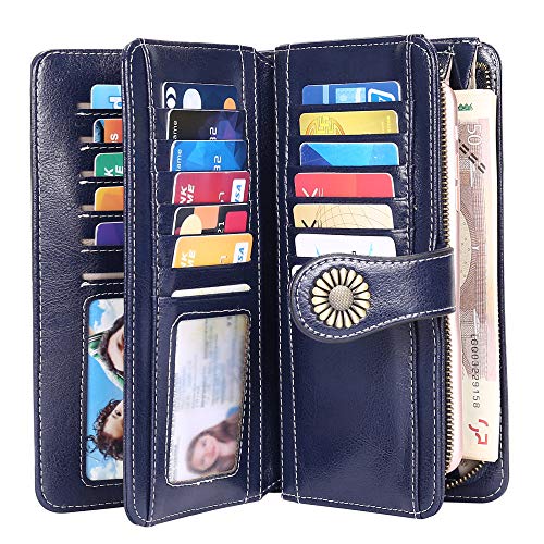 Cartera Cuero Mujer Bloqueo RFID Monedero Piel Mujer Grande con Muchos Bolsillos, Billetera Larga Mujer con Cremallera 26 Ranuras para Tarjetas, Carteras de Piel para Dama XXL (Azul)