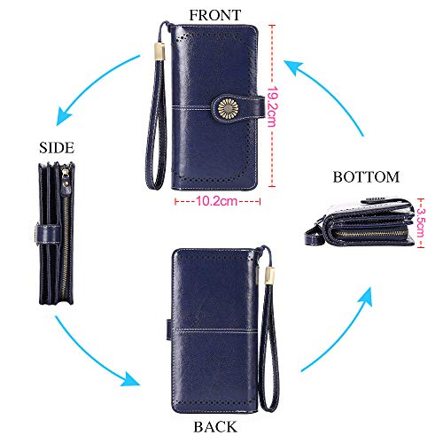 Cartera Cuero Mujer Bloqueo RFID Monedero Piel Mujer Grande con Muchos Bolsillos, Billetera Larga Mujer con Cremallera 26 Ranuras para Tarjetas, Carteras de Piel para Dama XXL (Azul)