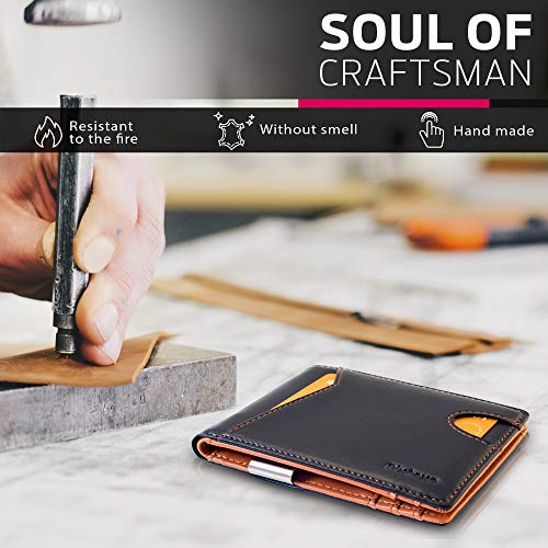 Cartera de Hombre, Billetera de Piel con Clip, Tarjetero con Protección RFID, Caja Regalo Original para Hombres, Negro/Marrón, Cartera Minimalista, Pixtaxo