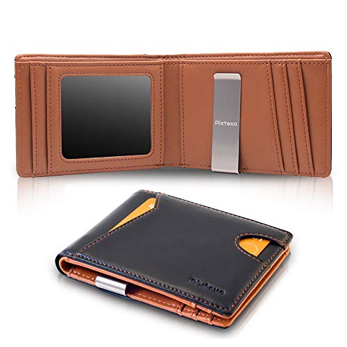 Cartera de Hombre, Billetera de Piel con Clip, Tarjetero con Protección RFID, Caja Regalo Original para Hombres, Negro/Marrón, Cartera Minimalista, Pixtaxo