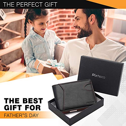 Cartera de Hombre, Billetera de Piel con Clip, Tarjetero con Protección RFID, Caja Regalo Original para Hombres, Negro/Marrón, Cartera Minimalista, Pixtaxo