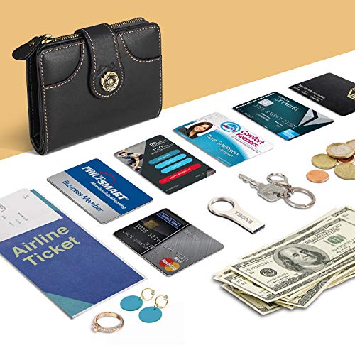 Cartera Mujer Cuero Auténtico Bloqueo RFID Billetera Mujer Monedero Piel con Bolsillo Cremallera de Actualización con Caja de Regalo (100% Cuero auténtico - Negro)