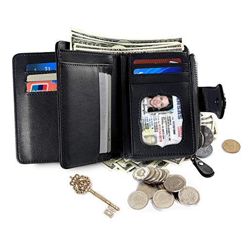 Cartera Mujer Cuero Auténtico Bloqueo RFID Billetera Mujer Monedero Piel con Bolsillo Cremallera de Actualización con Caja de Regalo (100% Cuero auténtico - Negro)