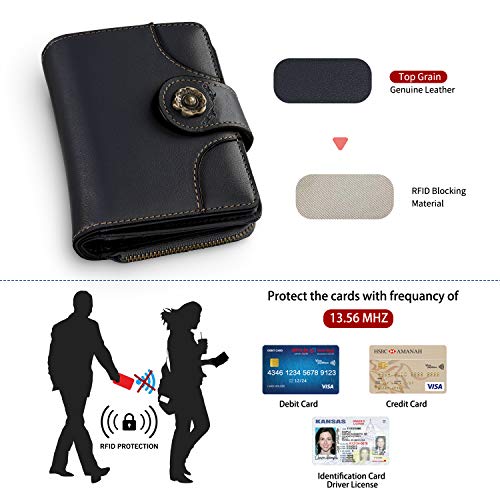 Cartera Mujer Cuero Auténtico Bloqueo RFID Billetera Mujer Monedero Piel con Bolsillo Cremallera de Actualización con Caja de Regalo (100% Cuero auténtico - Negro)