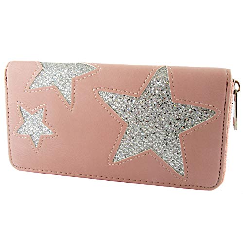 Cartera para Mujer con Estrellas de Poliuretano y Cremallera Circular. (Rosa)