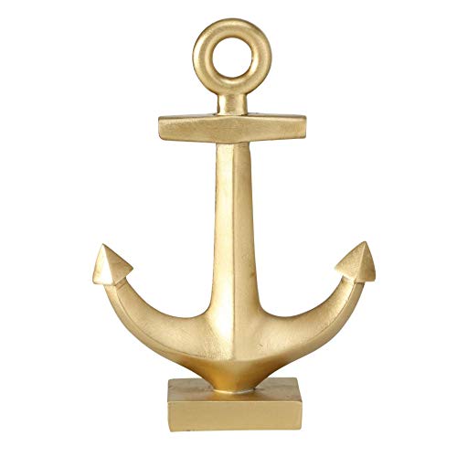CasaJame Escultura Decorativa con Forma de Ancla - Adornos Estatua Náutica - Resina Sintética Dorada 20x14x4cm