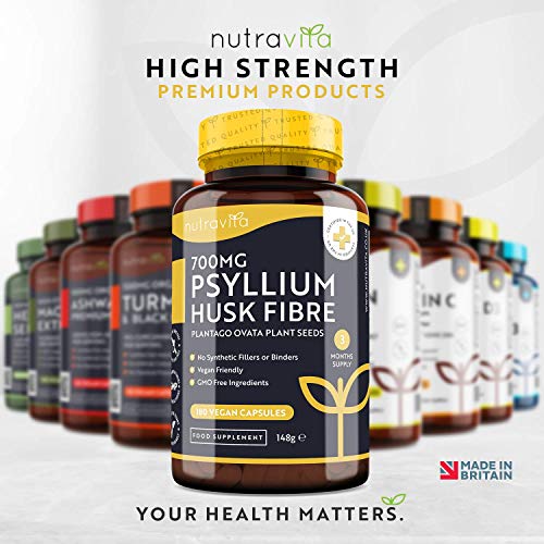 Cáscara de Psyllium 700mg - 180 Cápsulas Veganas - 1200mg Psyllium Husk por Ración - Fibra de Cáscara de psyllium elaborado con Semillas de Plantago Ovata 100% Puras - Producto Elaborado por Nutravita