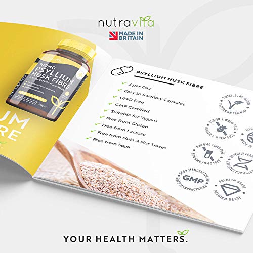 Cáscara de Psyllium 700mg - 180 Cápsulas Veganas - 1200mg Psyllium Husk por Ración - Fibra de Cáscara de psyllium elaborado con Semillas de Plantago Ovata 100% Puras - Producto Elaborado por Nutravita