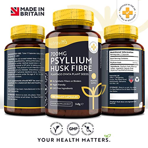 Cáscara de Psyllium 700mg - 180 Cápsulas Veganas - 1200mg Psyllium Husk por Ración - Fibra de Cáscara de psyllium elaborado con Semillas de Plantago Ovata 100% Puras - Producto Elaborado por Nutravita