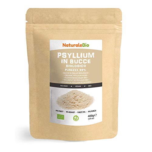 Cáscara de Psyllium Ecológico [99% Pureza] 400g. Psyllium Husk, Natural y Puro. 100% cutícula de semillas de Psilio Orgánico, producido en India. Rico en Fibra, para añadir al Agua, Bebidas y Zumos.