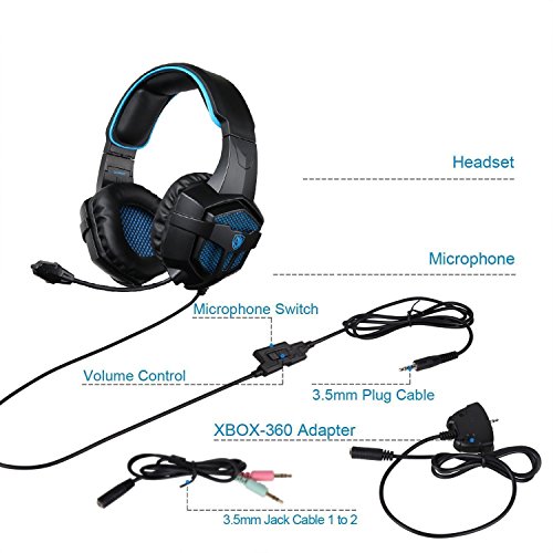 Cascos para Xbox One PS4, Sades SA807 Auriculares Gaming Bajo Envolvente Estéreo con Micrófono 3.5mm Puerto Compatible PC/ MAC/ iPad/ iPod/ iPhone/ Laptop/Smartphone(Negro/Azul)